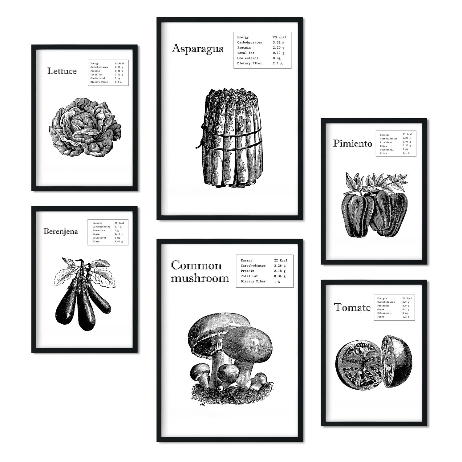 Set de 6 posters de Vegetales. Colección de láminas con estética collage para la Tamaños A3 y A4. .-Artwork-Nacnic-Marco Negro-Nacnic Estudio SL
