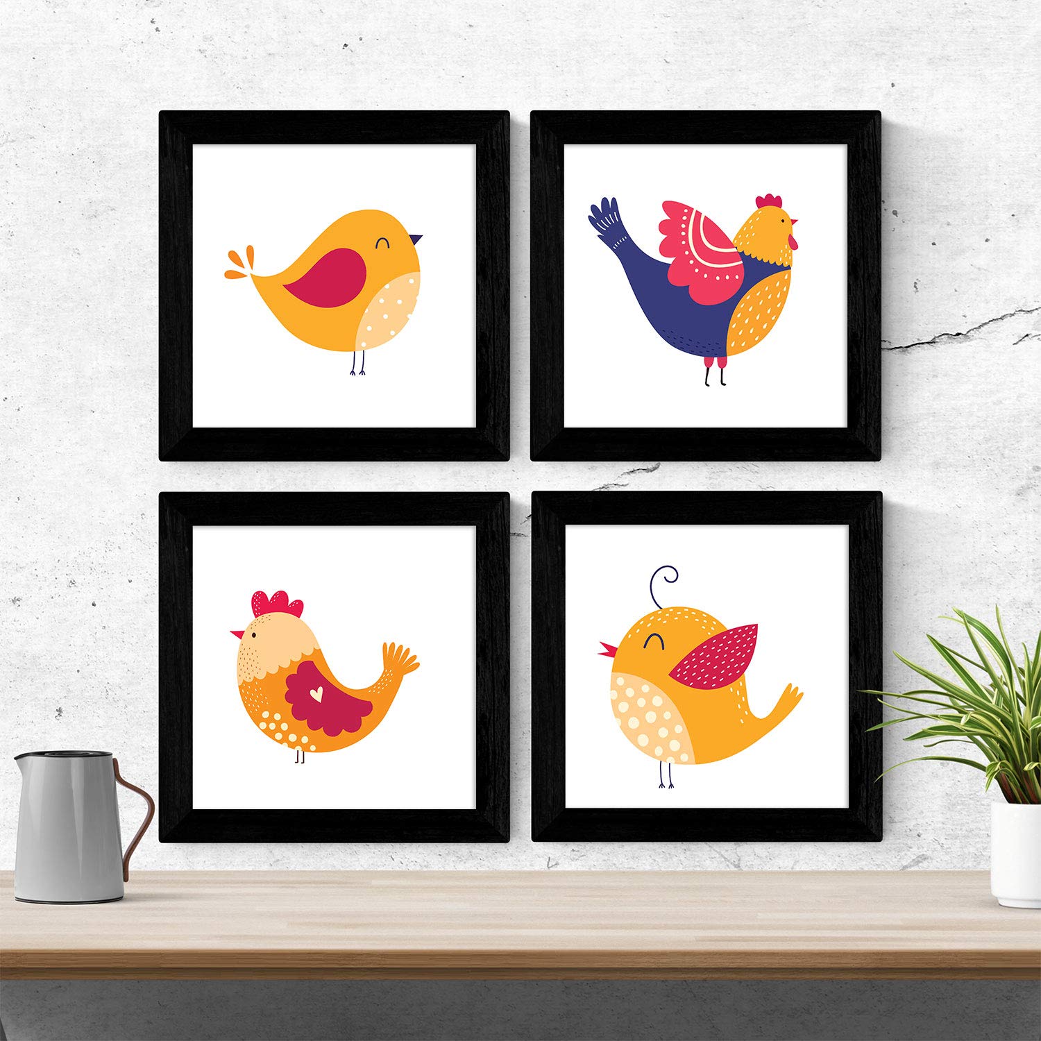 Set de cuatro láminas cuadradas con ilustraciones de familia de gallinas y pollos cm estilo escandinavo nordico-Artwork-Nacnic-Nacnic Estudio SL