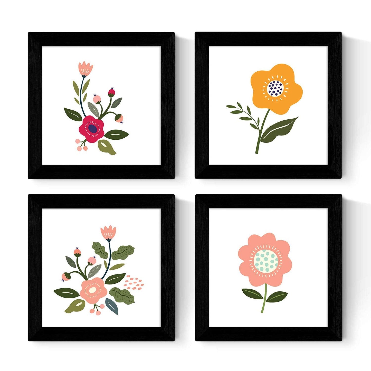 Set de cuatro láminas cuadradas con ilustraciones de flores llamativas tonos rosas y naranjas cm estilo escandinavo nordico-Artwork-Nacnic-Nacnic Estudio SL