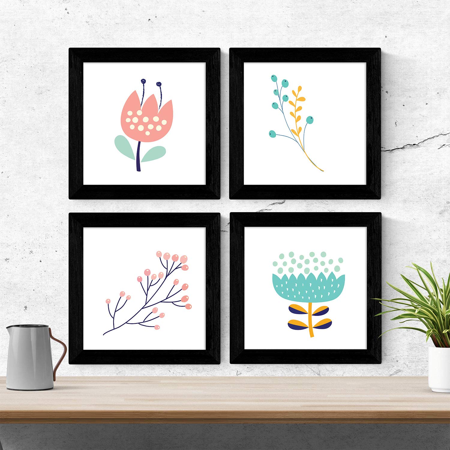 Set de cuatro láminas cuadradas con ilustraciones de ramas y flores tonos pastel cm estilo escandinavo nordico-Artwork-Nacnic-Nacnic Estudio SL