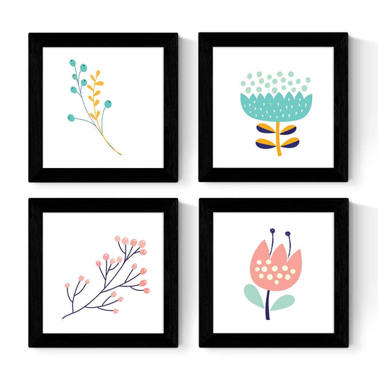 Set de cuatro láminas cuadradas con ilustraciones de ramas y flores tonos pastel cm estilo escandinavo nordico-Artwork-Nacnic-Nacnic Estudio SL