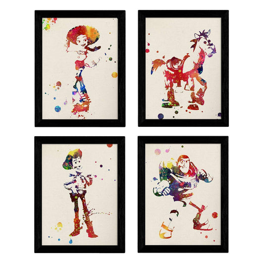 Set de cuatro láminas estilo explosión de color. Posters Pelicula Toy Story, Buzz, Woody, Jessie y el caballo en Fondo color acurela-Artwork-Nacnic-Nacnic Estudio SL