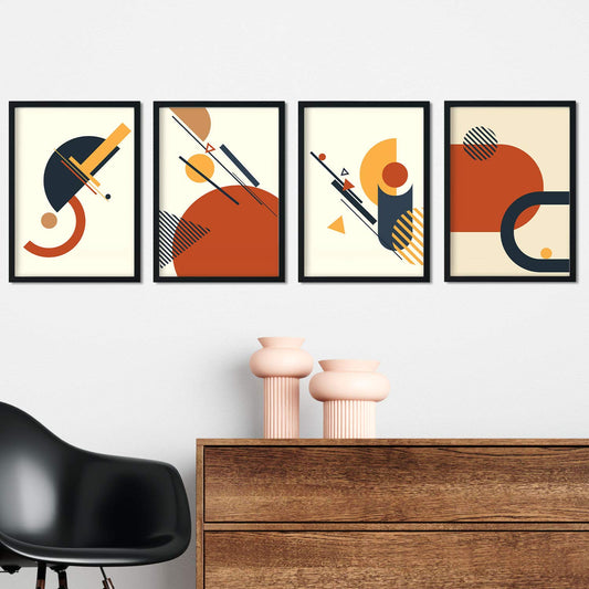 Set de cuatro posters de constructivismo. Pack de láminas Teja mostaza con diseños a color inspirados en el constructivismo abstracto.-Artwork-Nacnic-Nacnic Estudio SL