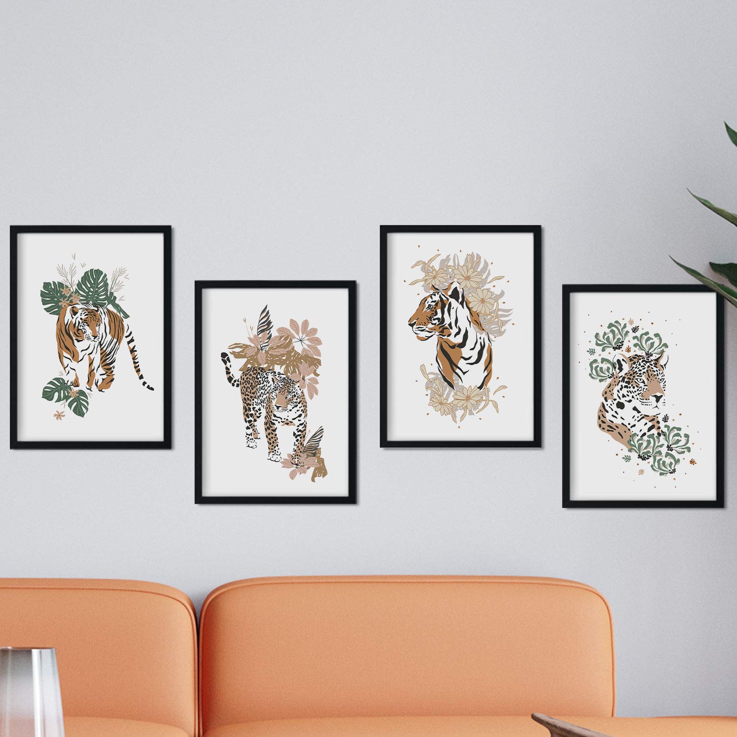 Set de posters de animales de la jungla. Lámina Tigre Leopardo con diseño de animales, flores y plantas de la jungla.-Artwork-Nacnic-Nacnic Estudio SL