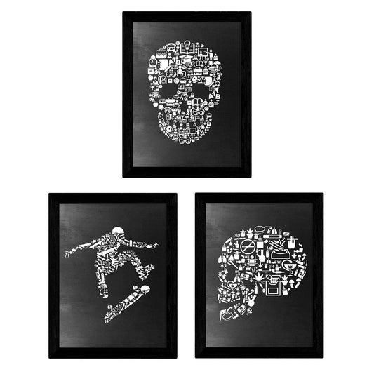 Set de tres láminas blanco y negro Set calaveras y skate Poster Fondo negro estilo pizarra-Artwork-Nacnic-Nacnic Estudio SL