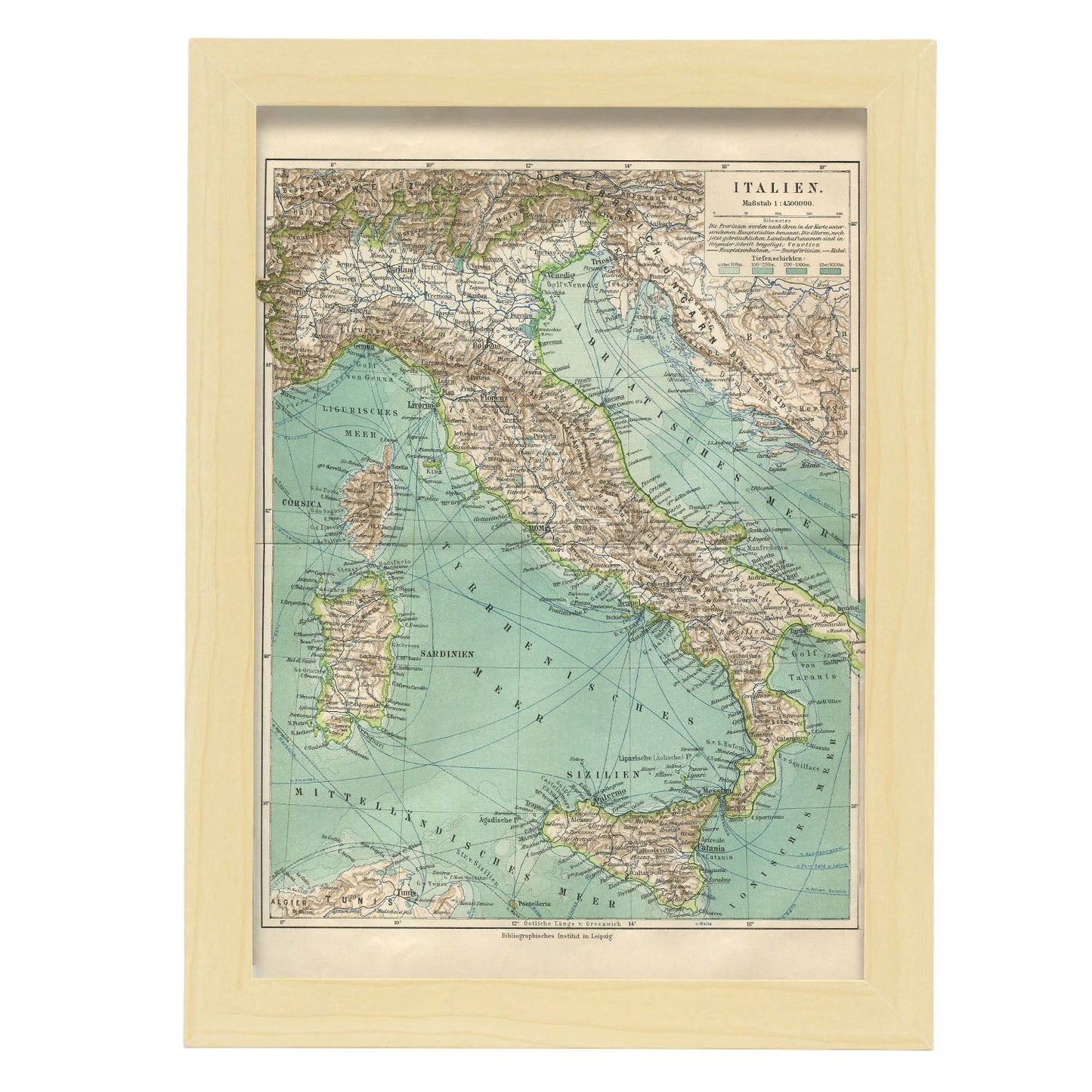 Vintage Map of Italy-Artwork-Nacnic-A4-Marco Madera clara-Nacnic Estudio SL