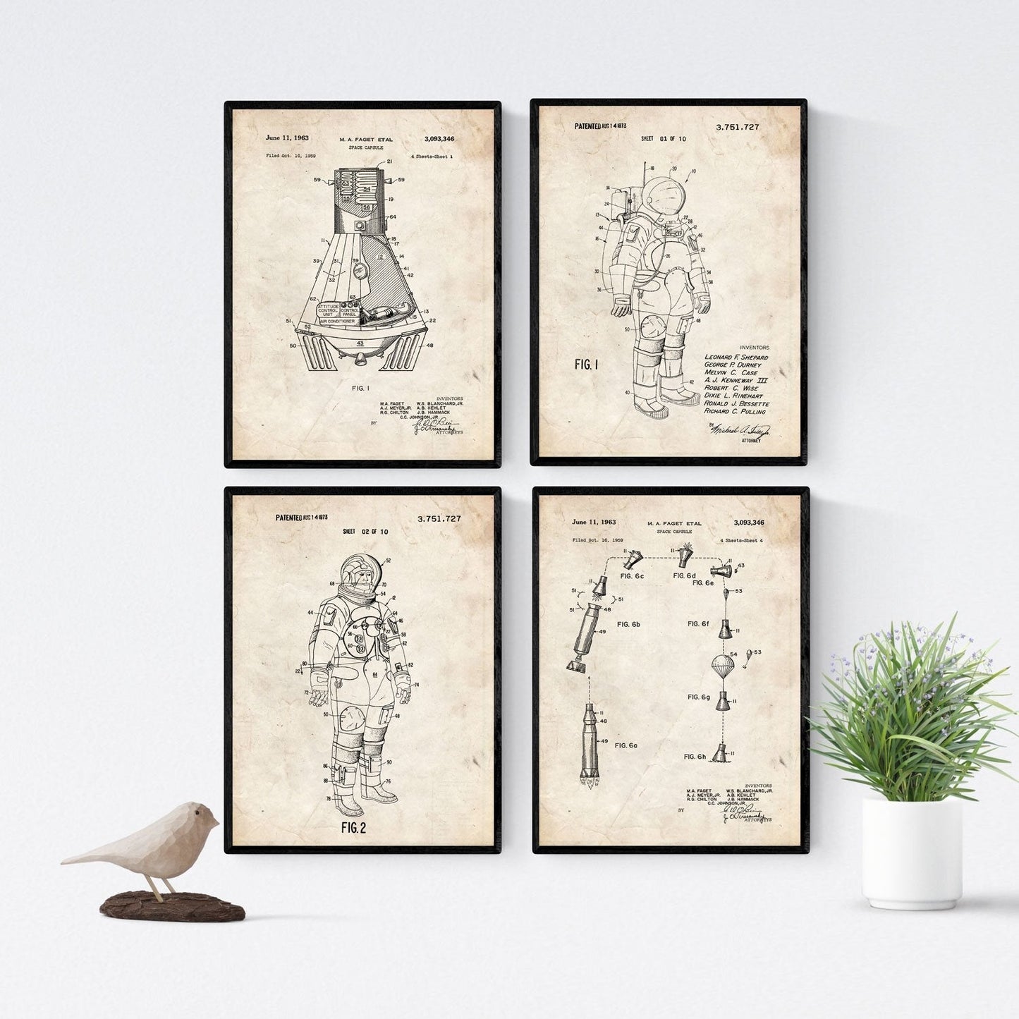 Vintage - Pack de 4 Láminas con Patentes de Astronautas. Set de Posters con inventos y Patentes Antiguas.-Artwork-Nacnic-Nacnic Estudio SL