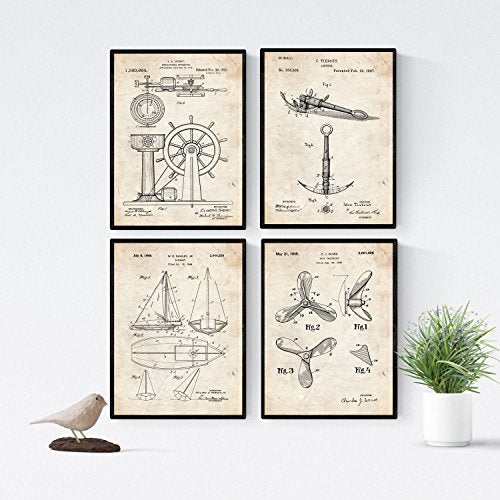 Vintage - Pack de 4 Láminas con Patentes de Barcos. Set de Posters con inventos y Patentes Antiguas.-Artwork-Nacnic-Nacnic Estudio SL
