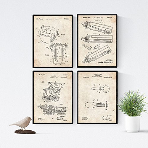 Vintage - Pack de 4 Láminas con Patentes de Bebés. Set de Posters con inventos y Patentes Antiguas.-Artwork-Nacnic-Nacnic Estudio SL