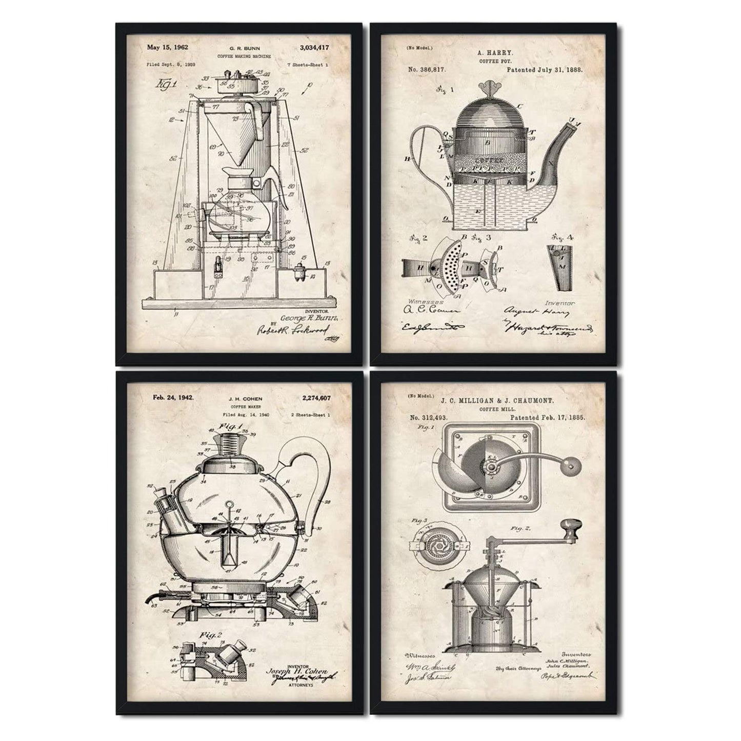 Vintage - Pack de 4 Láminas con Patentes de Cafeteras. Set de Posters con inventos y Patentes Antiguas.-Artwork-Nacnic-Nacnic Estudio SL