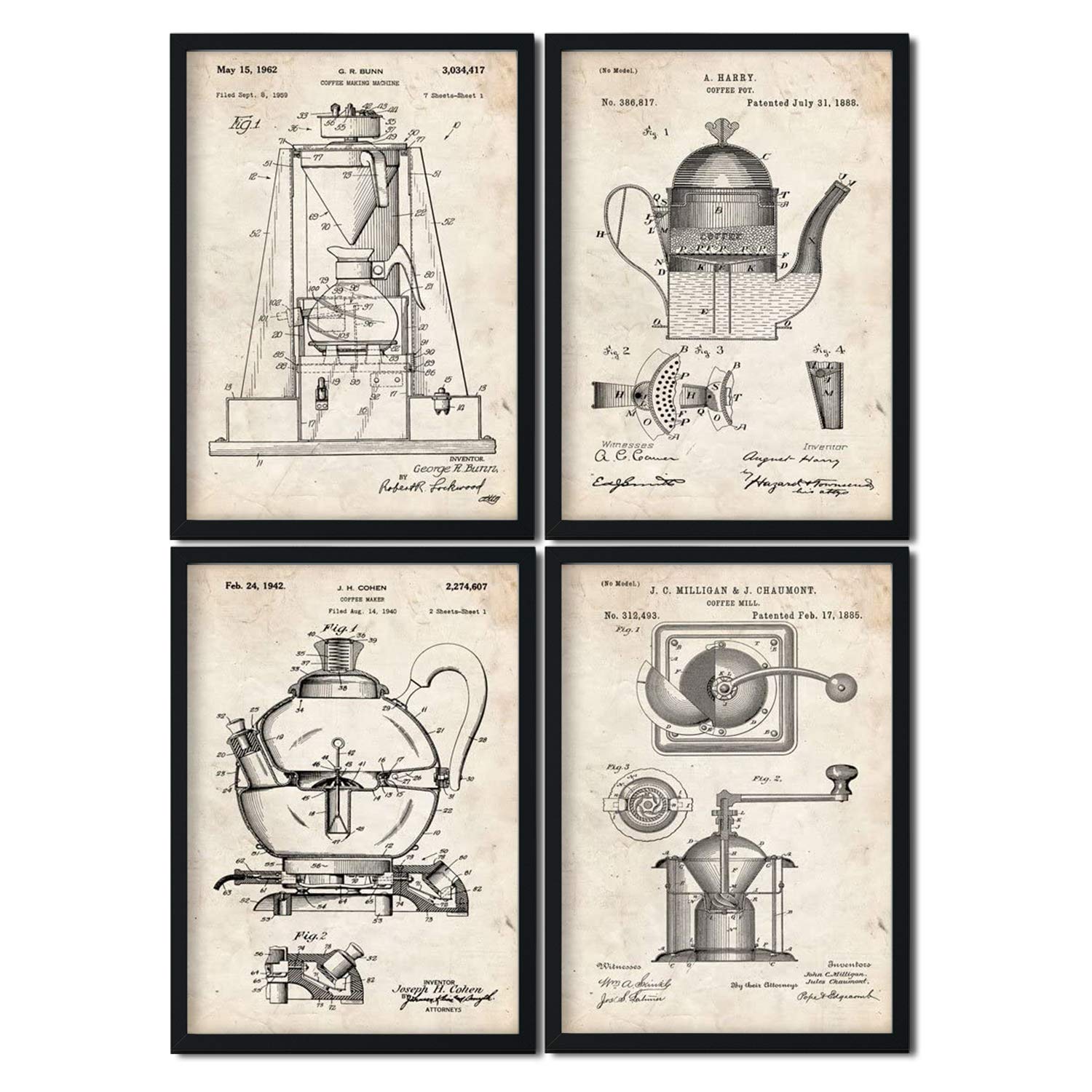 Vintage - Pack de 4 Láminas con Patentes de Cafeteras. Set de Posters con inventos y Patentes Antiguas.-Artwork-Nacnic-Nacnic Estudio SL