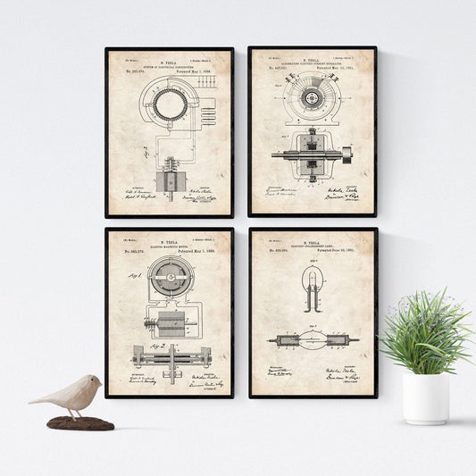 Vintage - Pack de 4 Láminas con Patentes de Electricidad. Set de Posters con inventos y Patentes Antiguas.-Artwork-Nacnic-Nacnic Estudio SL