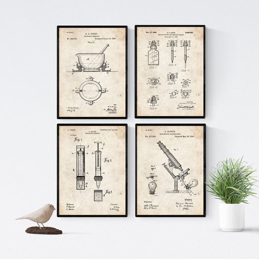 Vintage - Pack de 4 Láminas con Patentes de Farmacia. Set de Posters con inventos y Patentes Antiguas.-Artwork-Nacnic-Nacnic Estudio SL