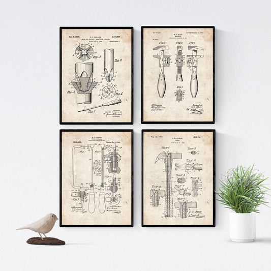 Vintage - Pack de 4 Láminas con Patentes de Herramientas. Set de Posters con inventos y Patentes Antiguas.-Artwork-Nacnic-Nacnic Estudio SL