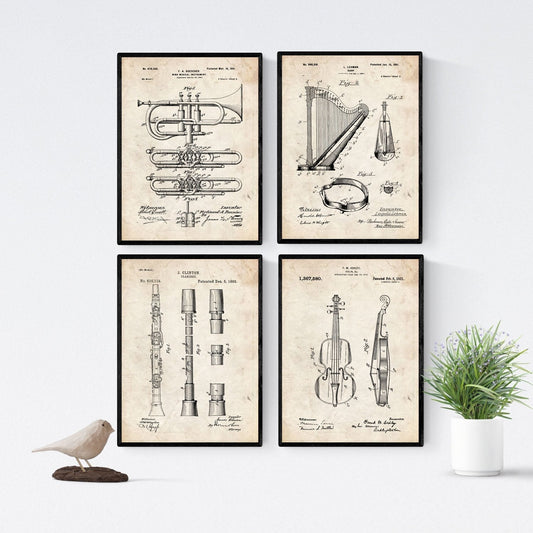 Vintage - Pack de 4 láminas con Patentes de Instrumentos Musicales. Set de posters con inventos y patentes antiguas.-Artwork-Nacnic-Nacnic Estudio SL