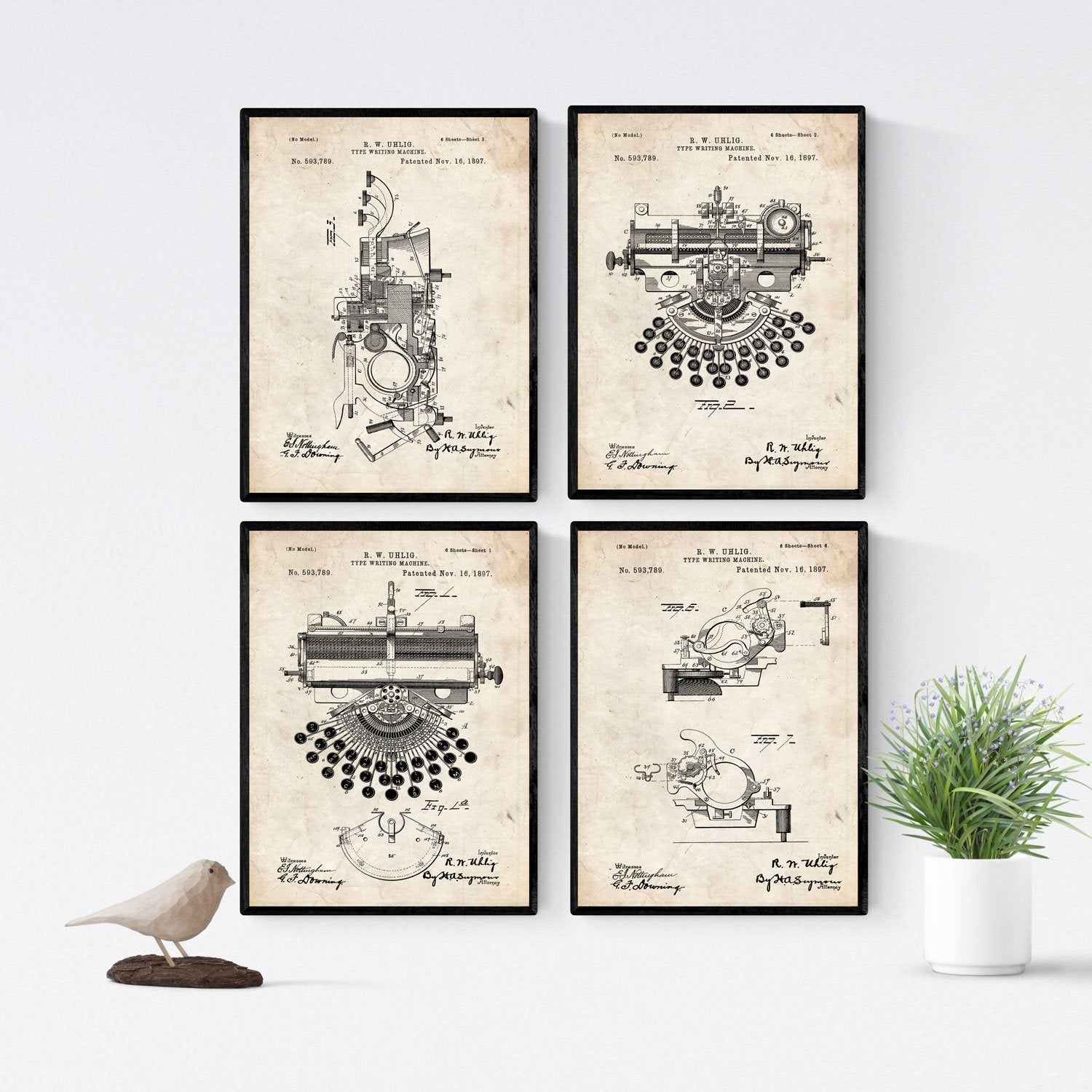 Vintage - Pack de 4 Láminas con Patentes de Máquinas de Escribir. Set de Posters con inventos y Patentes Antiguas.-Artwork-Nacnic-Nacnic Estudio SL