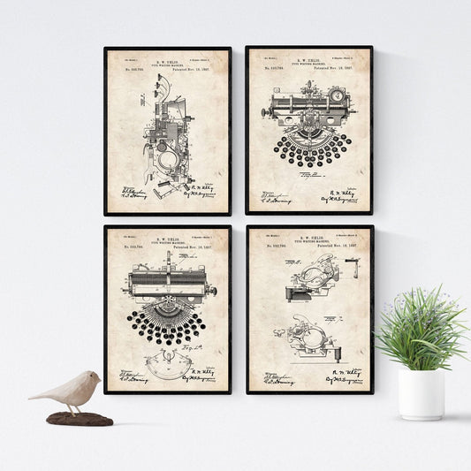 Vintage - Pack de 4 Láminas con Patentes de Máquinas de Escribir. Set de Posters con inventos y Patentes Antiguas.-Artwork-Nacnic-Nacnic Estudio SL