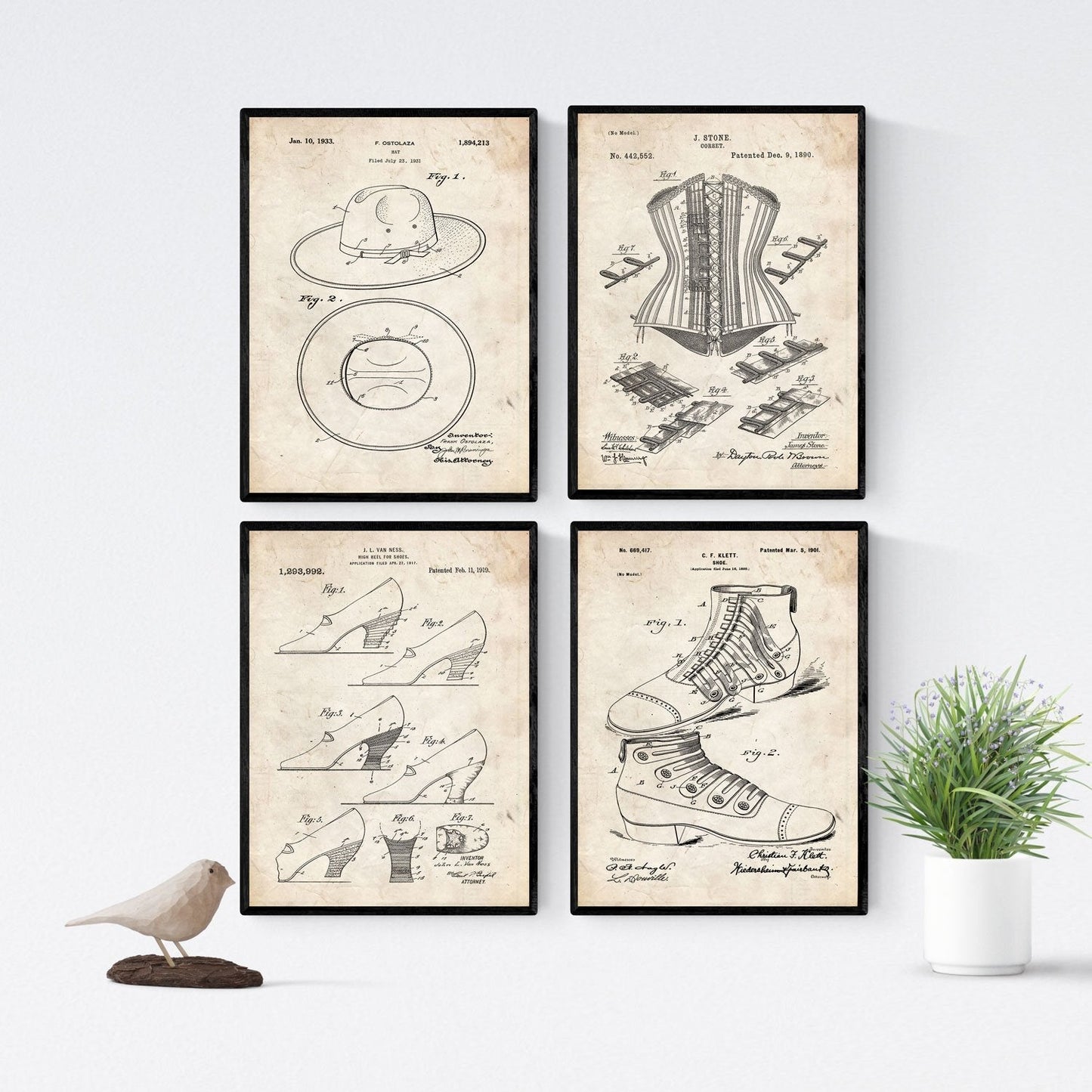 Vintage - Pack de 4 Láminas con Patentes de Moda. Set de Posters con inventos y Patentes Antiguas.-Artwork-Nacnic-Nacnic Estudio SL