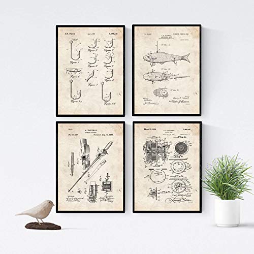 Vintage - Pack de 4 Láminas con Patentes de Pesca. Set de Posters con inventos y Patentes Antiguas.-Artwork-Nacnic-Nacnic Estudio SL