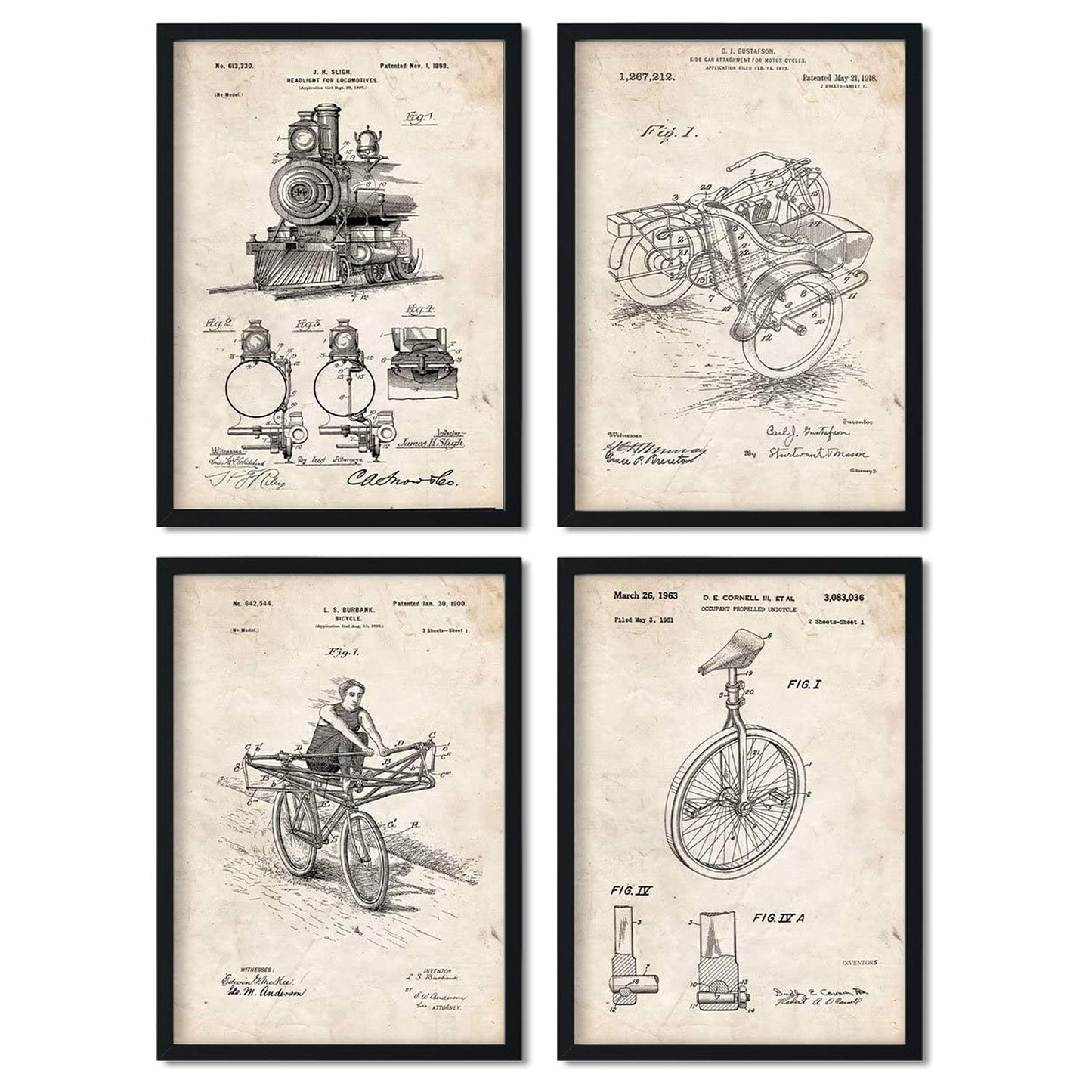 Vintage - Pack de 4 Láminas con Patentes de Vehículos. Set de Posters con inventos y Patentes Antiguas.-Artwork-Nacnic-Nacnic Estudio SL