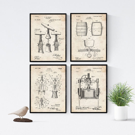 Vintage - Pack de 4 Láminas con Patentes de Vino. Set de Posters con inventos y Patentes Antiguas.-Artwork-Nacnic-Nacnic Estudio SL
