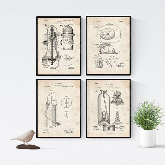 Vintage - Pack de 4 Láminas con Patentes del Cuerpo de Bomberos. Set de Posters con inventos y Patentes Antiguas.-Artwork-Nacnic-Nacnic Estudio SL