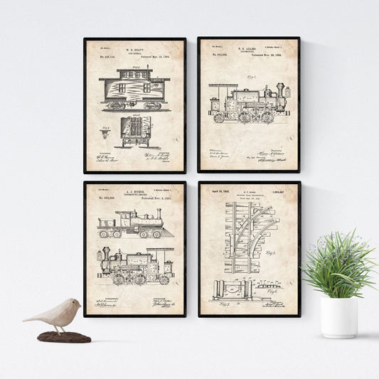 Vintage - Pack de 4 láminas con Patentes del FERROCARRIL. Set de Posters con inventos y Patentes Antiguas.-Artwork-Nacnic-Nacnic Estudio SL