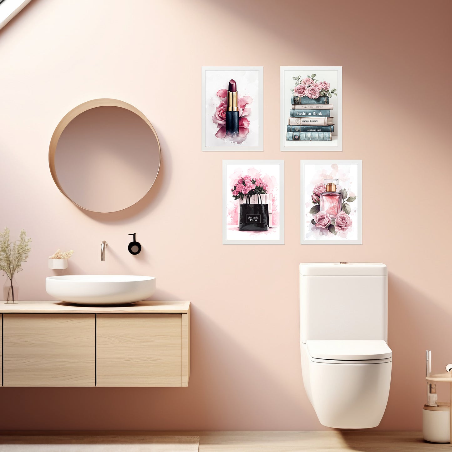Set de 4 Pósteres de Maquillaje y Cosmética Impresión Belleza Flores, Bolso, Perfume, Lápiz Labial ilustración para decorar las paredes del Inodoro, Tocador, Baño, Vestidor, Salón