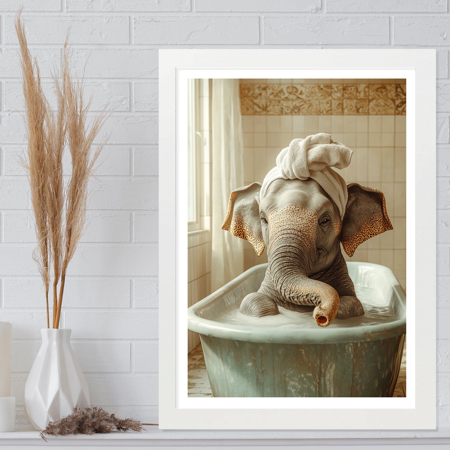 Set de 3 Cuadros de Bebé Elefante Bañandose con Lindos Animales Coloridos, Ilustración para Decorar, Wallart para Inodoro, Ducha, Baño, Aseo, WC