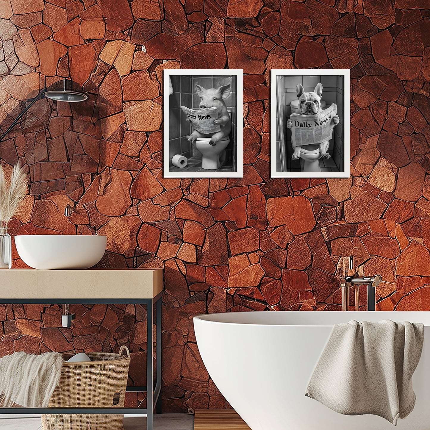 Set de 2 Cuadros de Animales con Periódico en el WC, Perro, Cerdo, Blanco y Negro con Ilustración Impresa en Estilo B/N para Decorar las Paredes del WC, Cuarto de Baño, Aseo, WC