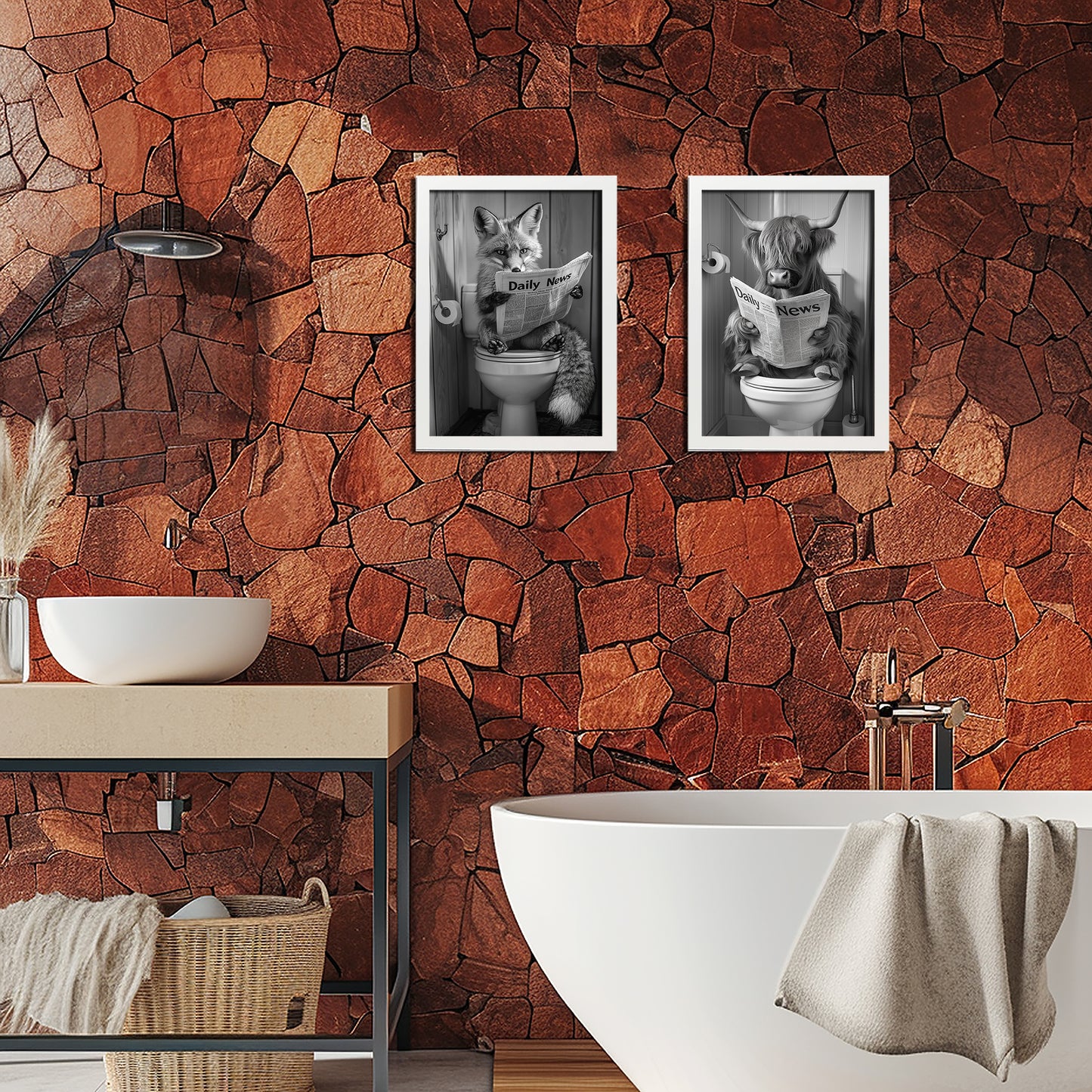 Set de 2 Cuadros de Animales con Periódico En el Inodoro, Toro, Zorro, Blanco y Negro con Ilustración Impresa en Estilo B/N para Decorar las Paredes del Inodoro, Baño, Lavabo, WC