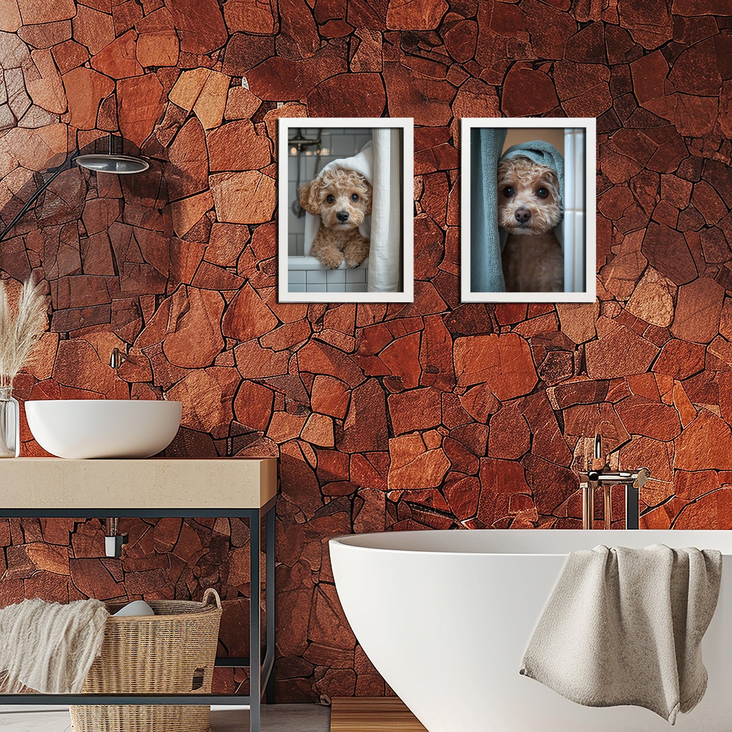 Set de 2 Cuadros Coloridos de Perro en la Ducha, Ilustración de Baño de Cachorros en Estilo Fotográfico, Lindos Animales para Decorar, Arte de Pared para Inodoro, Ducha, Baño, WC