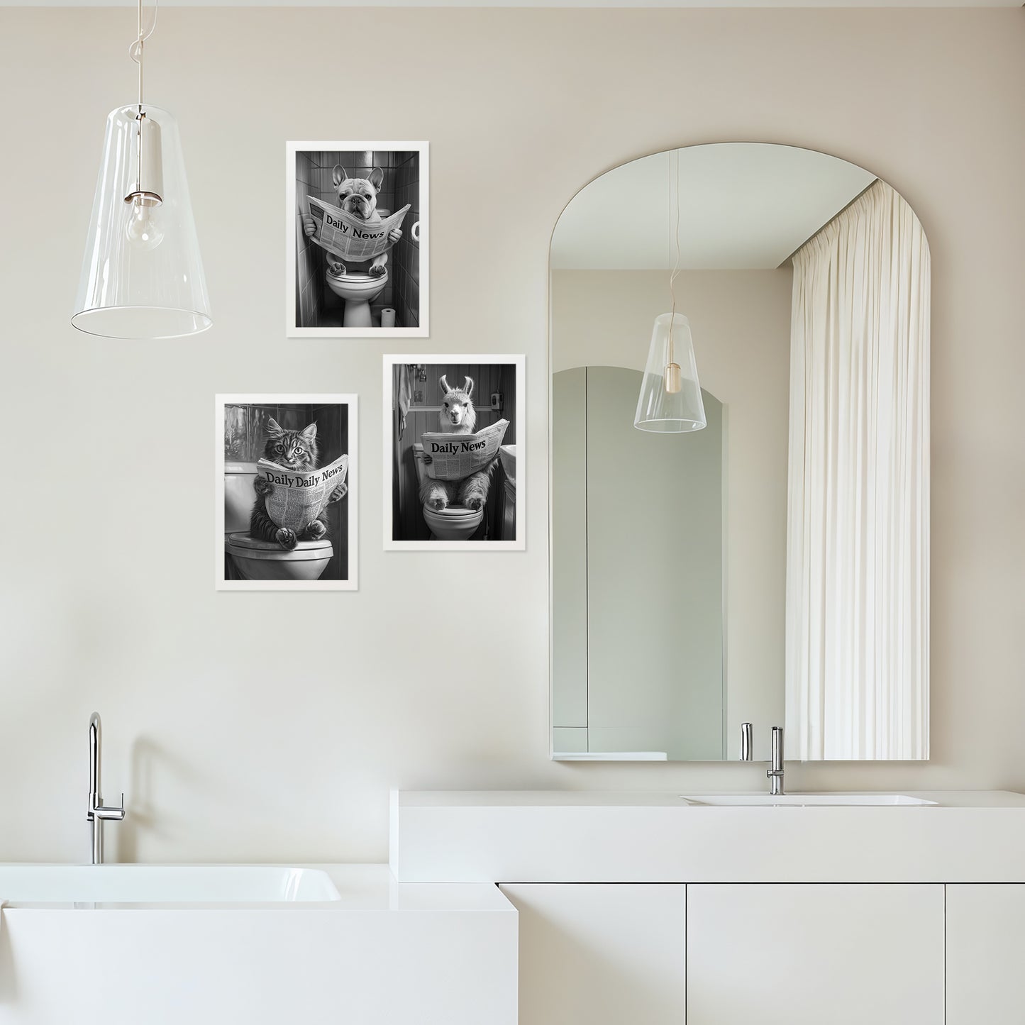 Set de 3 Cuadros Animales Leyendo Periódico En El Inodoro, Gato, Perro, Llama, Póster en Blanco y Negro con Ilustración Impresa en Estilo B/N para Decorar las Paredes del Inodoro, Baño, Lavabo, WC