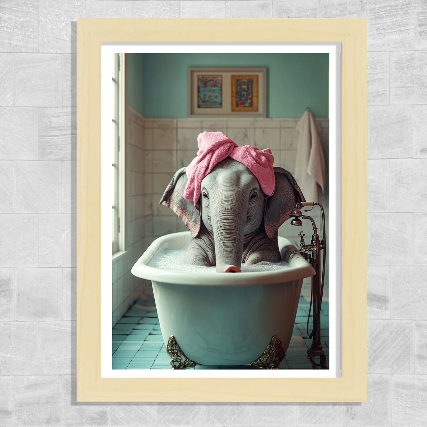 Set de 3 Cuadros de Bebé Elefante Bañandose con Lindos Animales Coloridos, Ilustración para Decorar, Wallart para Inodoro, Ducha, Baño, Aseo, WC