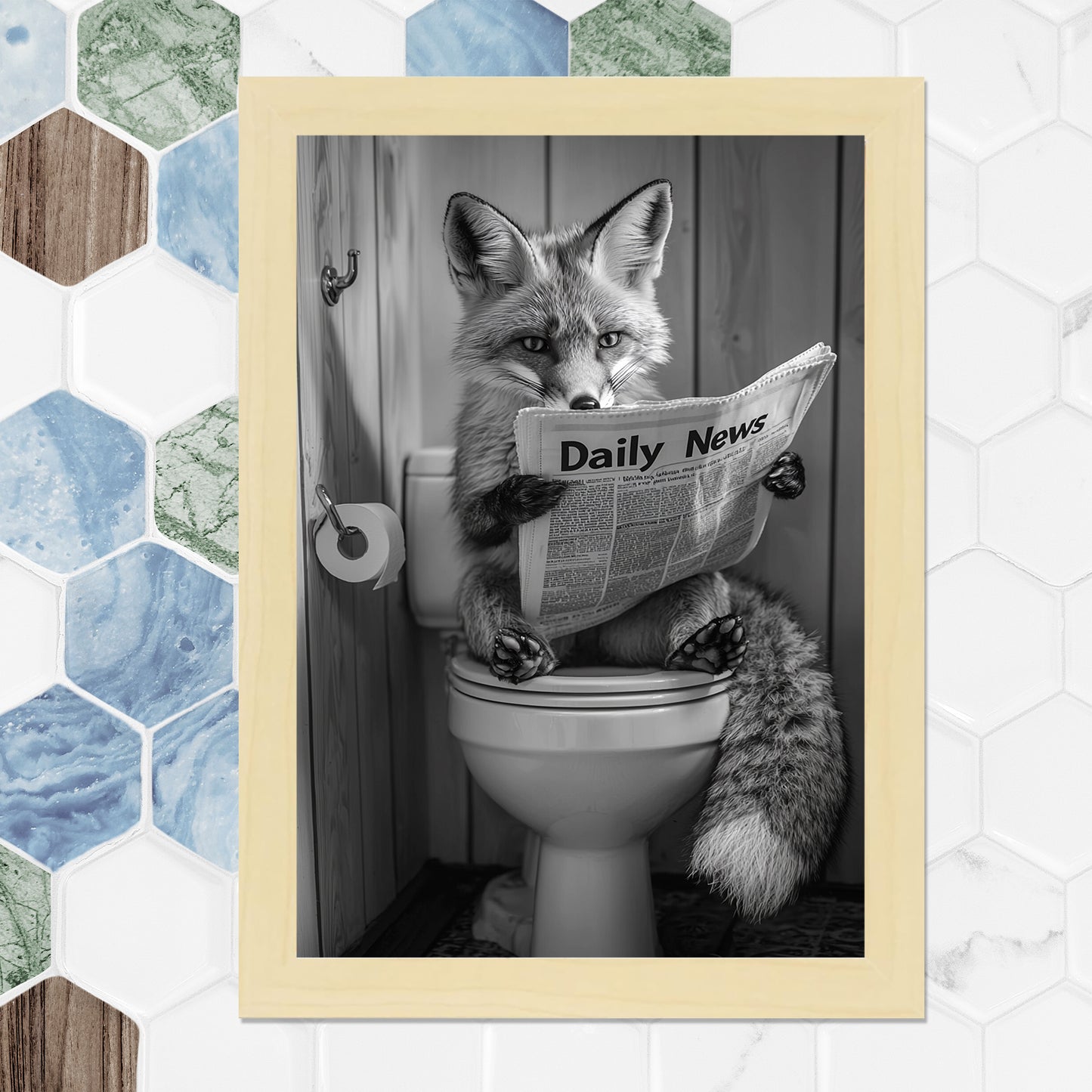 Set de 2 Cuadros de Animales con Periódico En el Inodoro, Toro, Zorro, Blanco y Negro con Ilustración Impresa en Estilo B/N para Decorar las Paredes del Inodoro, Baño, Lavabo, WC