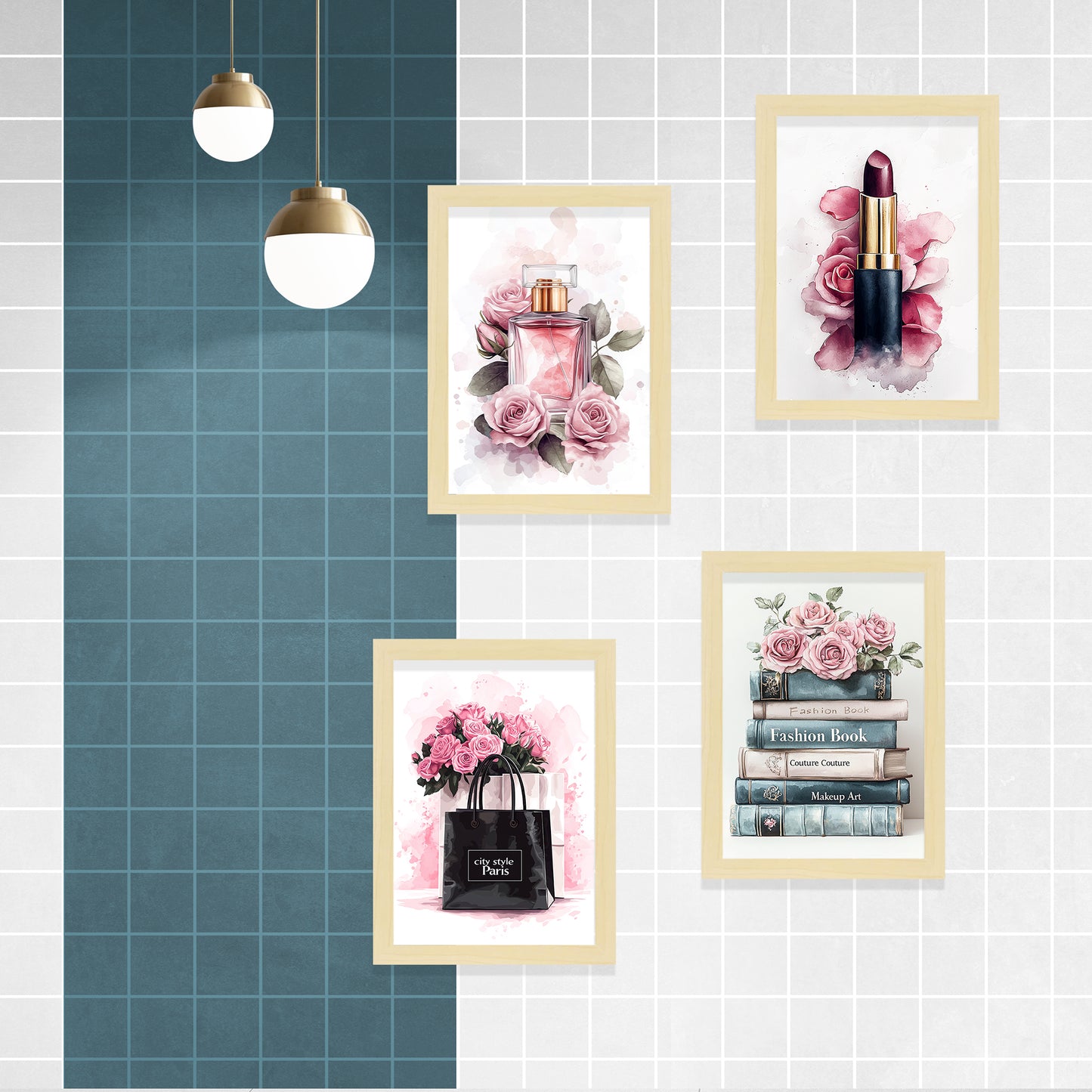 Set de 4 Pósteres de Maquillaje y Cosmética Impresión Belleza Flores, Bolso, Perfume, Lápiz Labial ilustración para decorar las paredes del Inodoro, Tocador, Baño, Vestidor, Salón