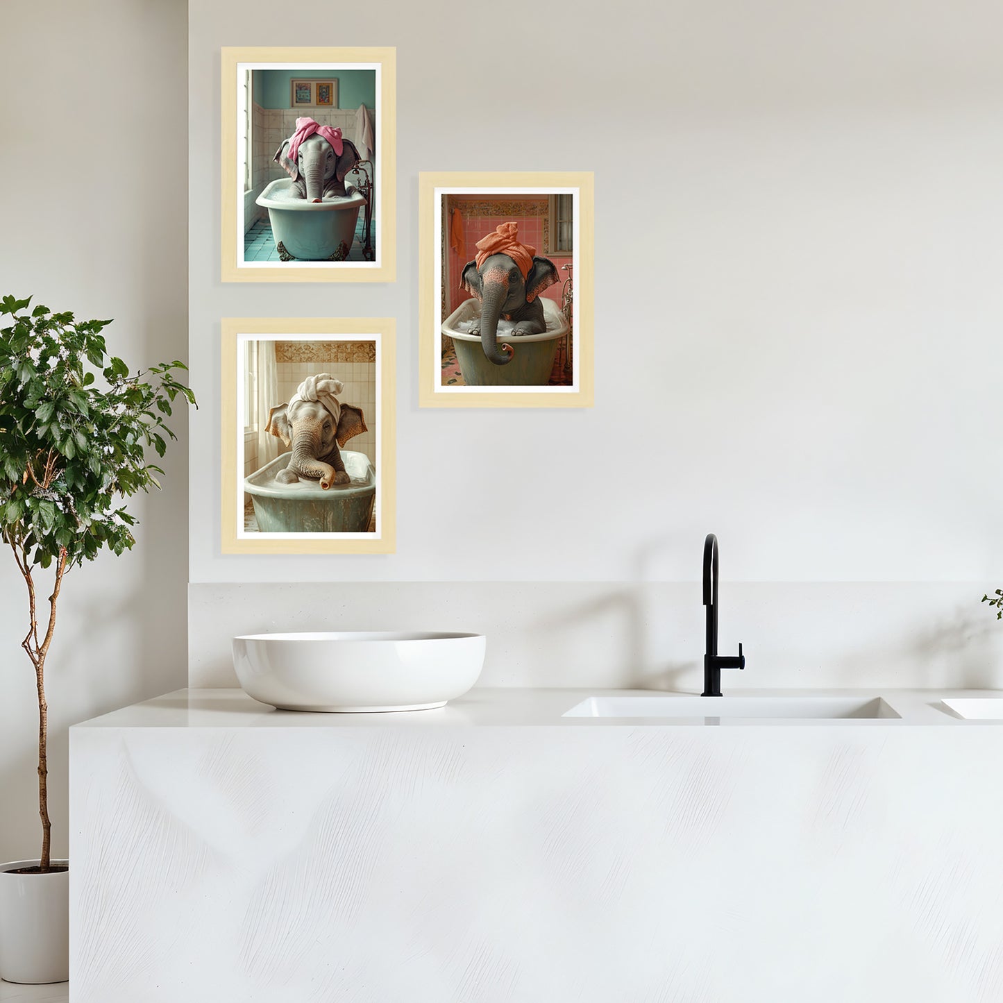 Set de 3 Cuadros de Bebé Elefante Bañandose con Lindos Animales Coloridos, Ilustración para Decorar, Wallart para Inodoro, Ducha, Baño, Aseo, WC