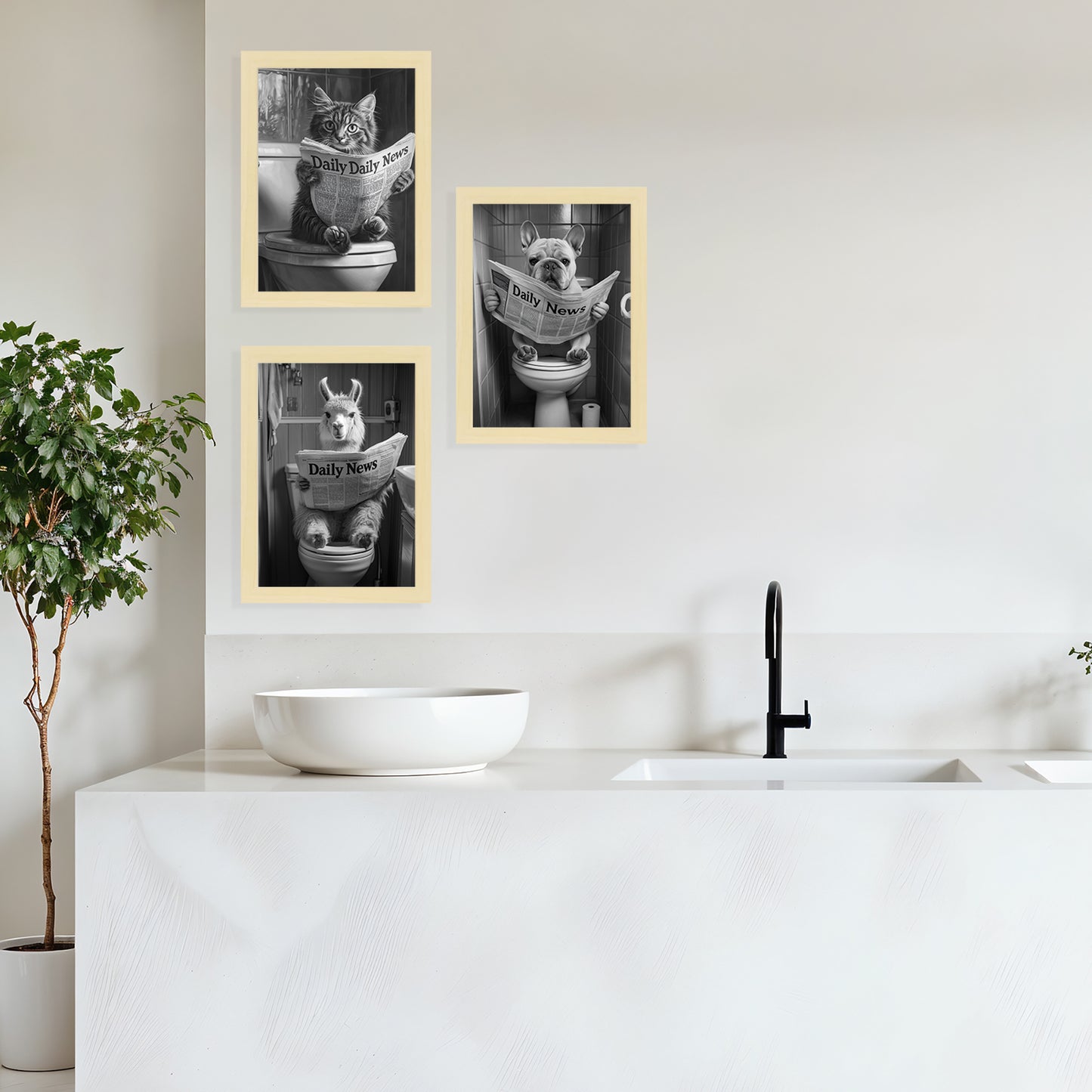 Set de 3 Cuadros Animales Leyendo Periódico En El Inodoro, Gato, Perro, Llama, Póster en Blanco y Negro con Ilustración Impresa en Estilo B/N para Decorar las Paredes del Inodoro, Baño, Lavabo, WC