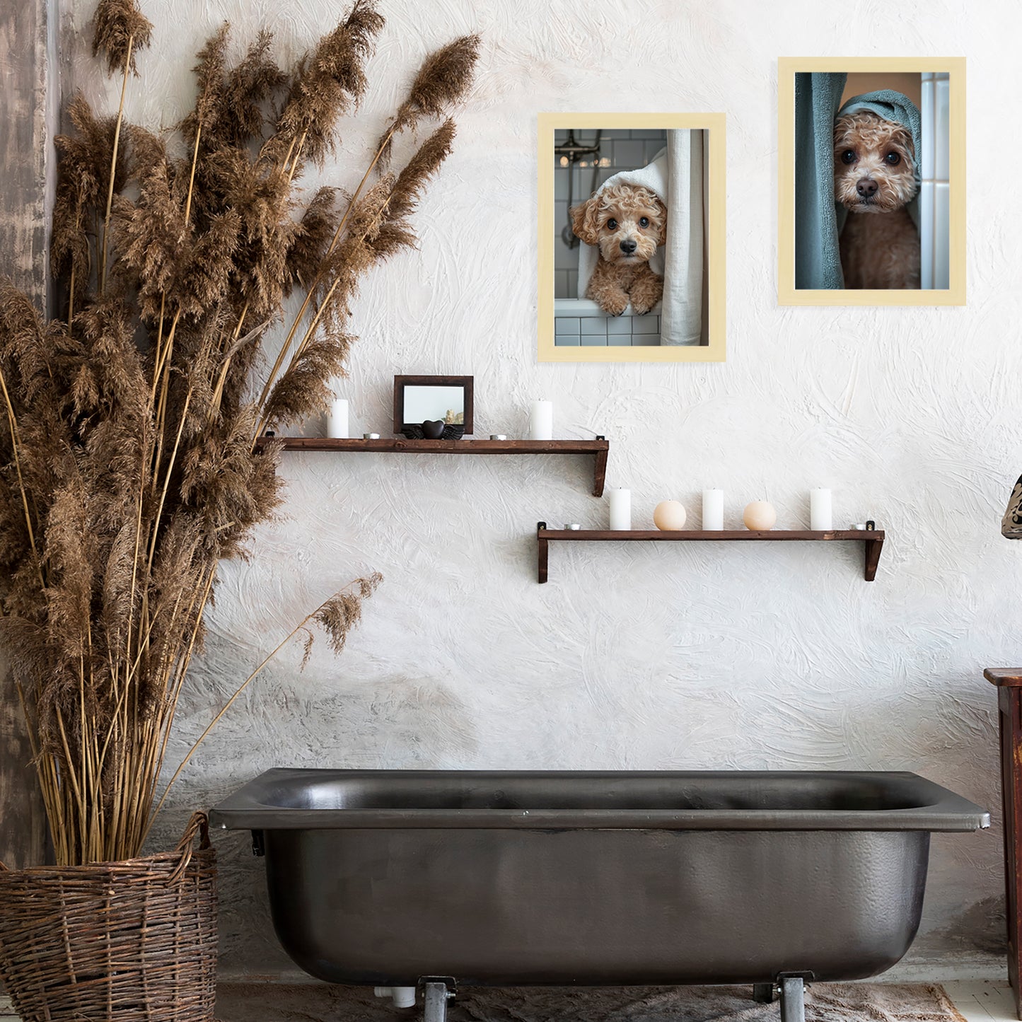 Set de 2 Cuadros Coloridos de Perro en la Ducha, Ilustración de Baño de Cachorros en Estilo Fotográfico, Lindos Animales para Decorar, Arte de Pared para Inodoro, Ducha, Baño, WC