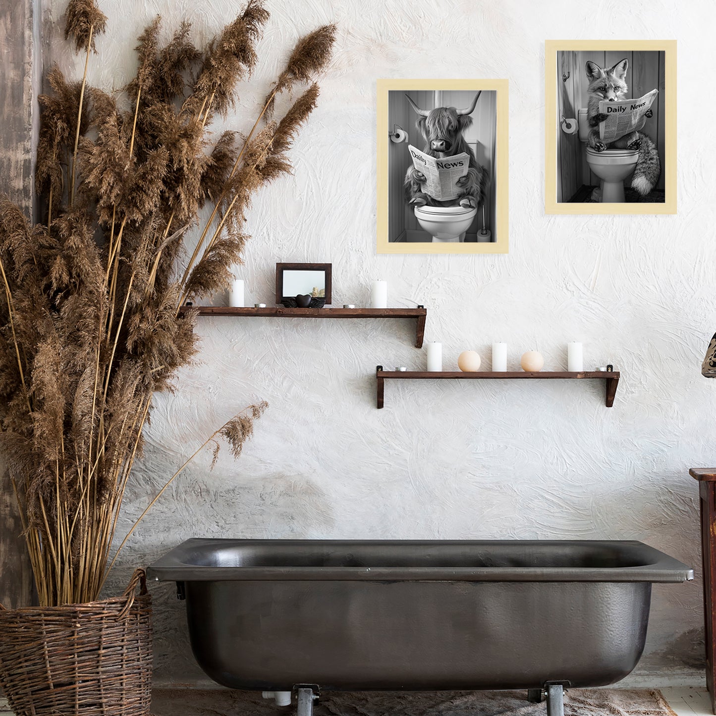 Set de 2 Cuadros de Animales con Periódico En el Inodoro, Toro, Zorro, Blanco y Negro con Ilustración Impresa en Estilo B/N para Decorar las Paredes del Inodoro, Baño, Lavabo, WC