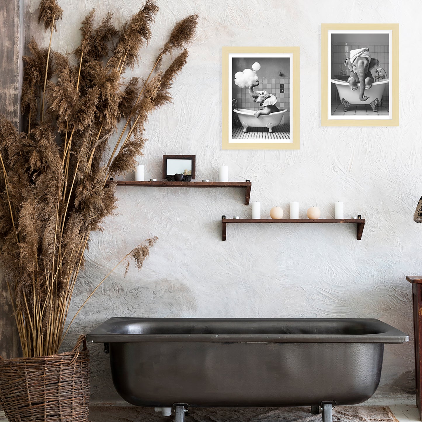 Set de 2 Cuadros Elefante en la Bañera con Simpáticos Animales en Blanco y Negro Ilustración impresa para decorar las paredes del Inodoro, Ducha, Cuarto de baño, Aseo, WC
