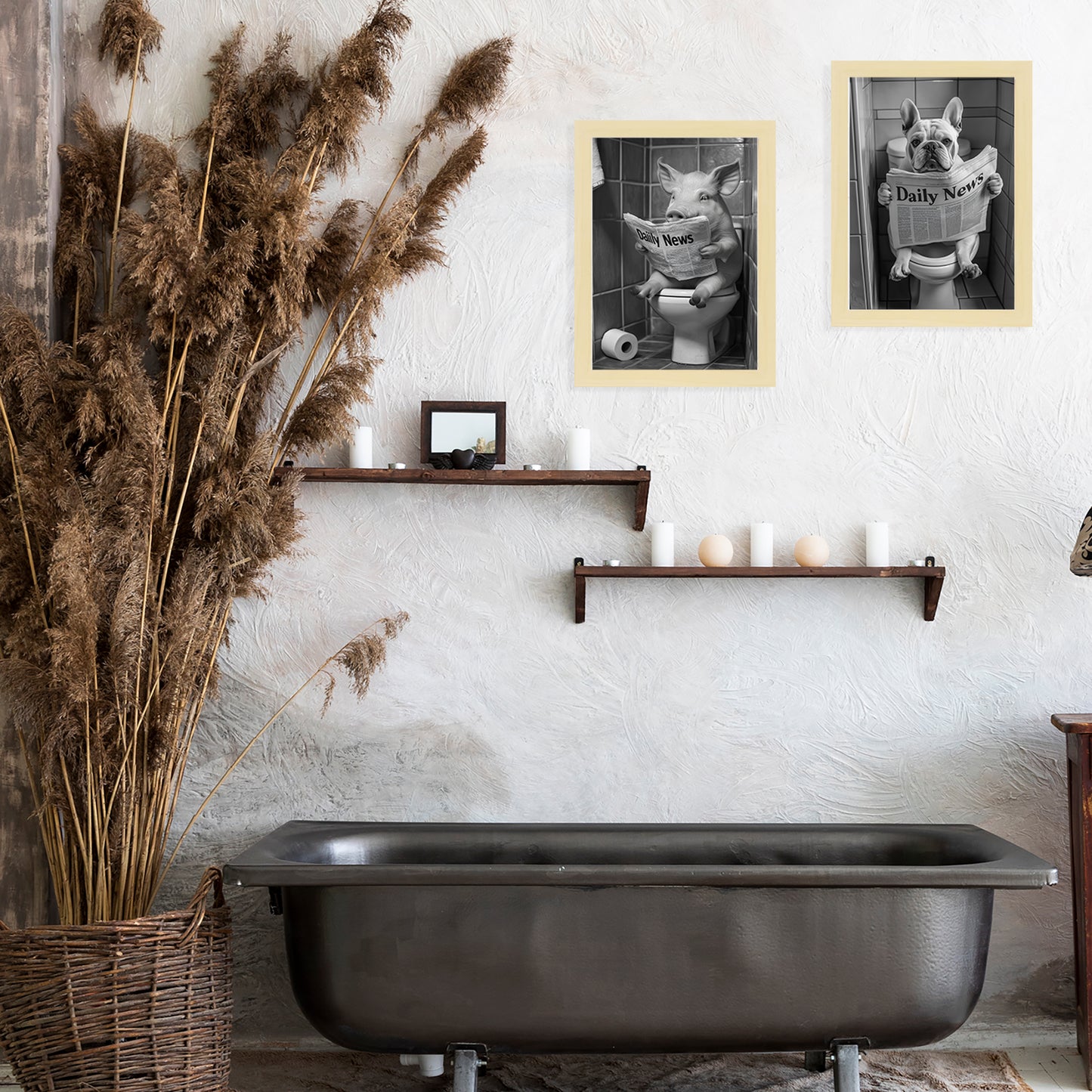 Set de 2 Cuadros de Animales con Periódico en el WC, Perro, Cerdo, Blanco y Negro con Ilustración Impresa en Estilo B/N para Decorar las Paredes del WC, Cuarto de Baño, Aseo, WC