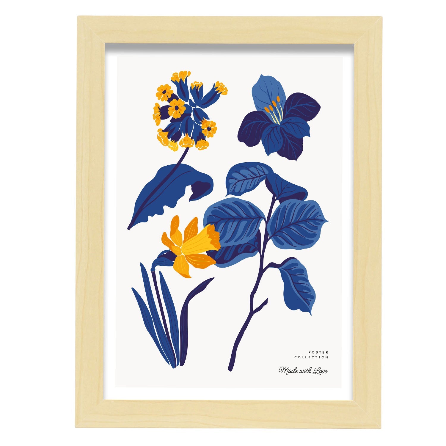 Yellow Flowers Blue Leaves-Artwork-Nacnic-A4-Marco Madera clara-Nacnic Estudio SL