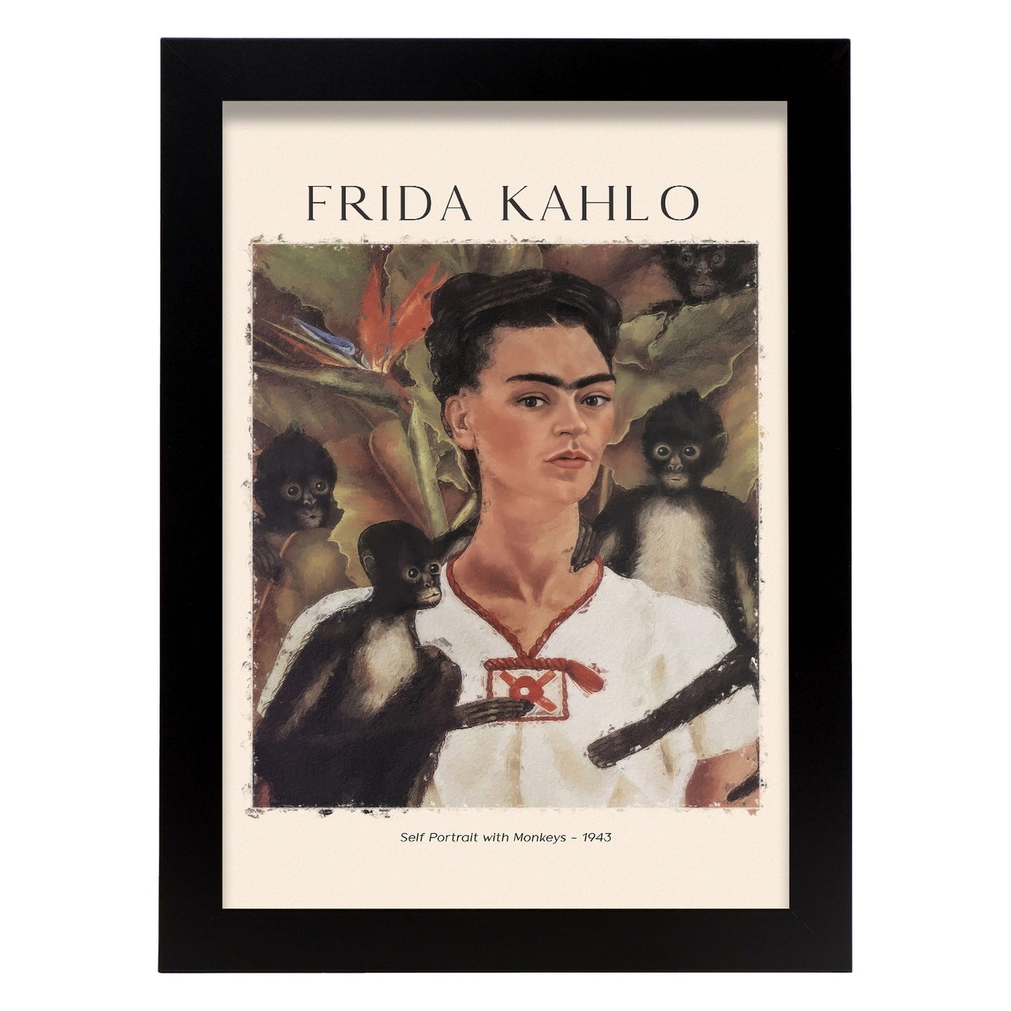 Lámina Autorretrato con monos inspirada en Frida Kahlo para tu hogar