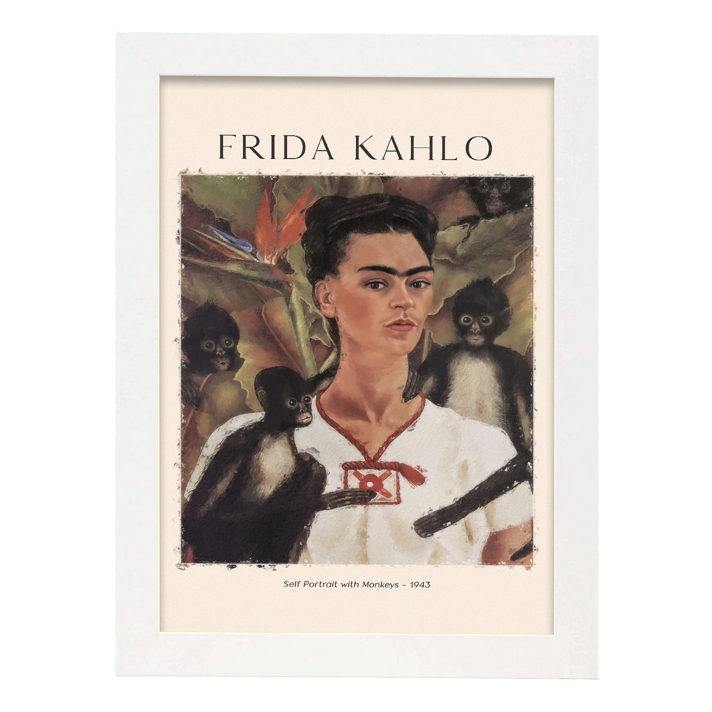 Lámina Autorretrato con monos inspirada en Frida Kahlo para tu hogar