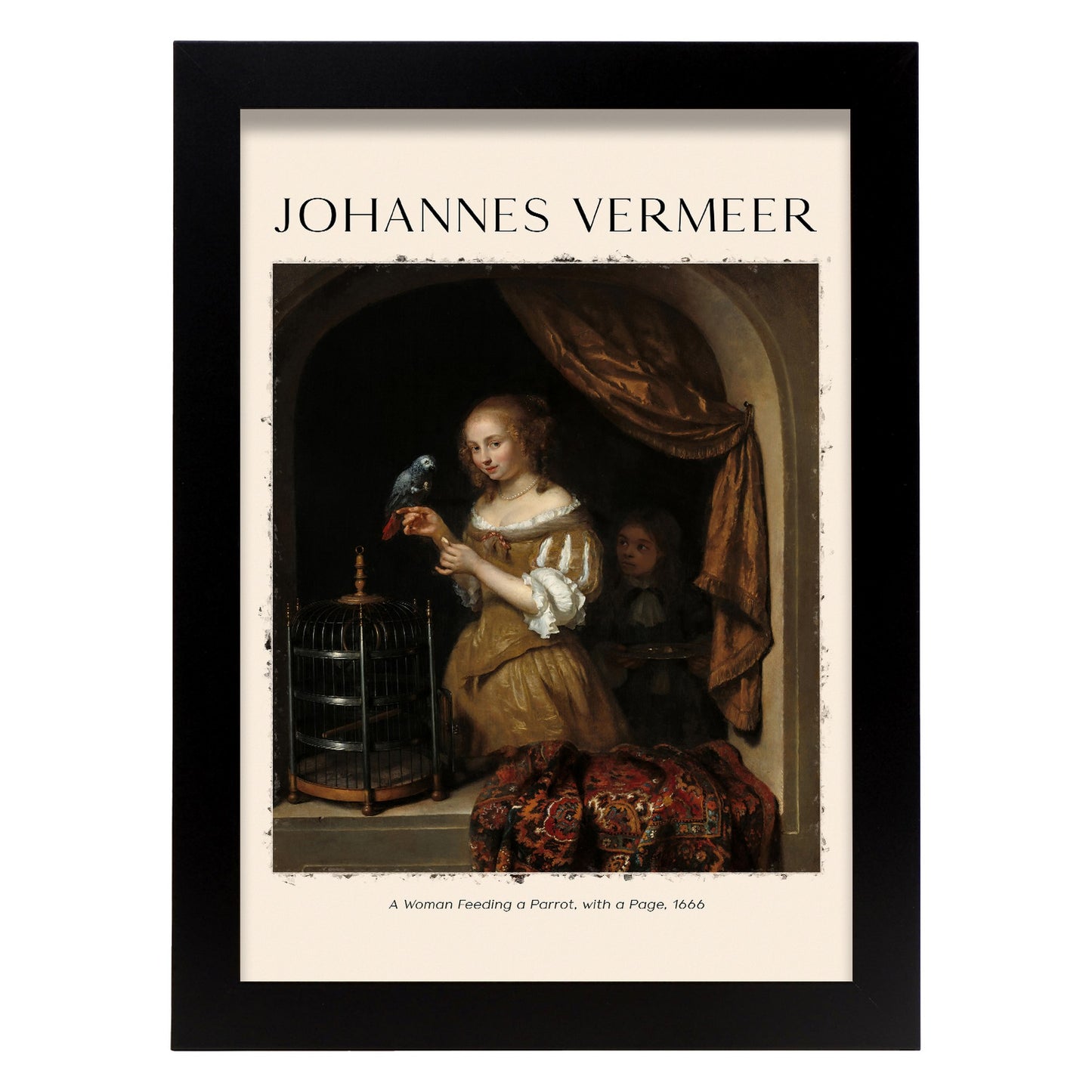 Lámina de Una Mujer Alimentando un Loro inspirada en Johannes Vermeer