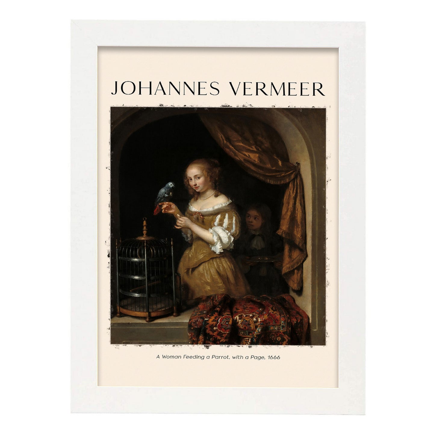 Lámina de Una Mujer Alimentando un Loro inspirada en Johannes Vermeer