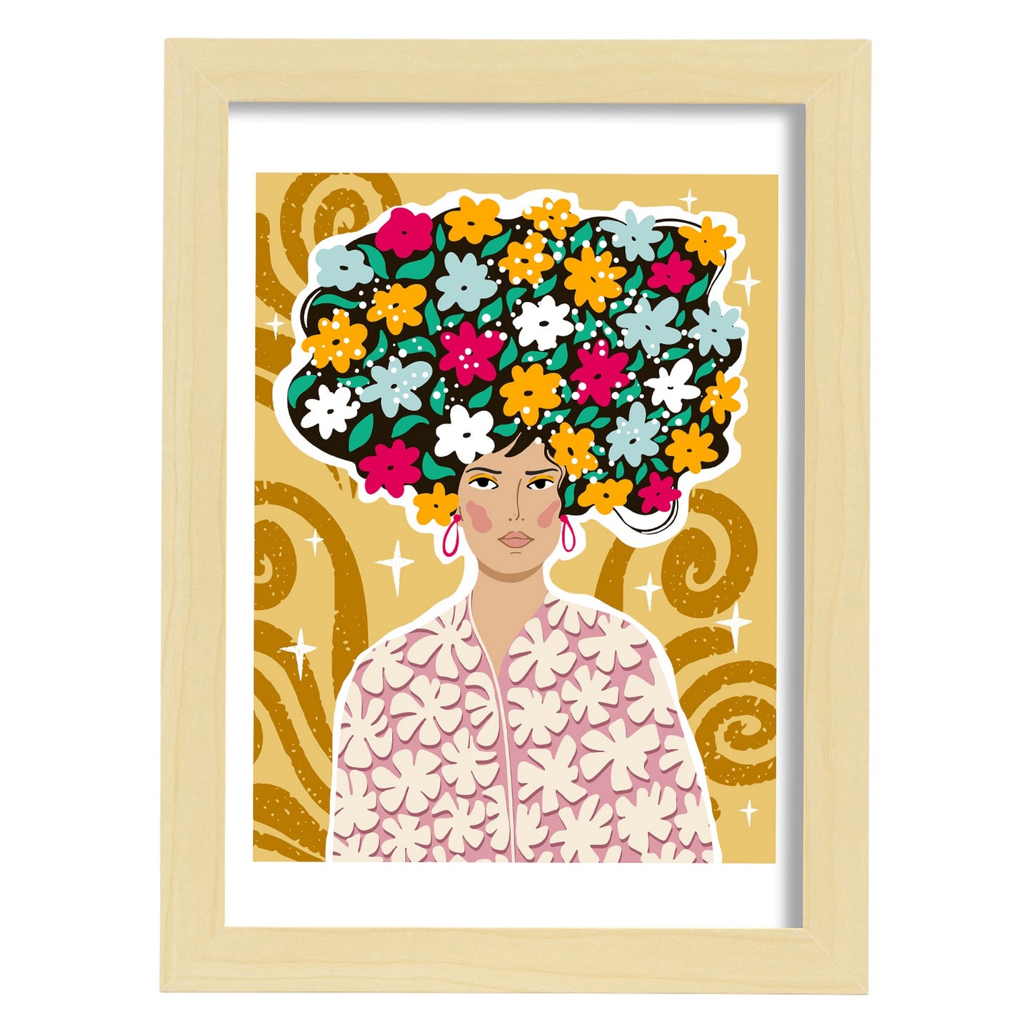 Lámina de Dama con pelo floral para diseño estético de hogar