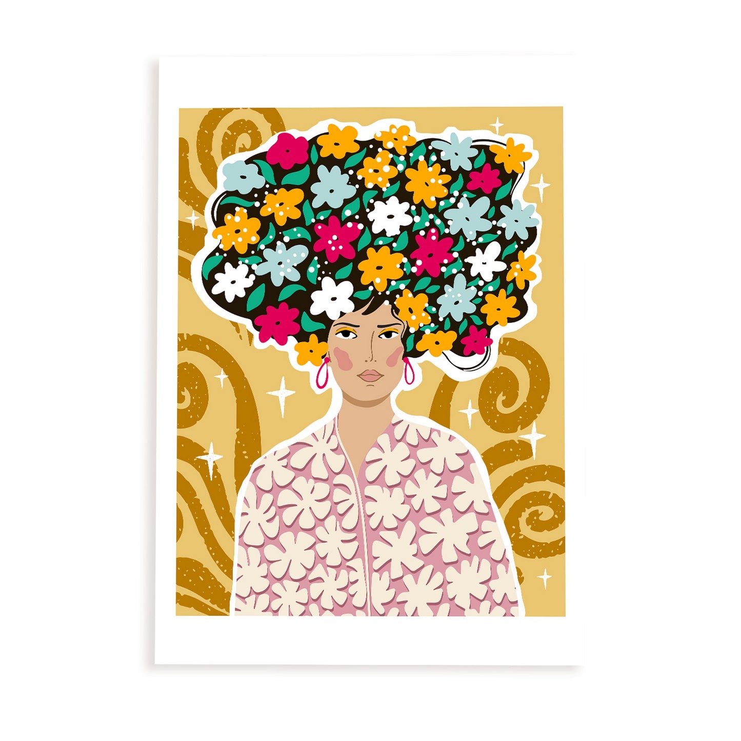 Lámina de Dama con pelo floral para diseño estético de hogar