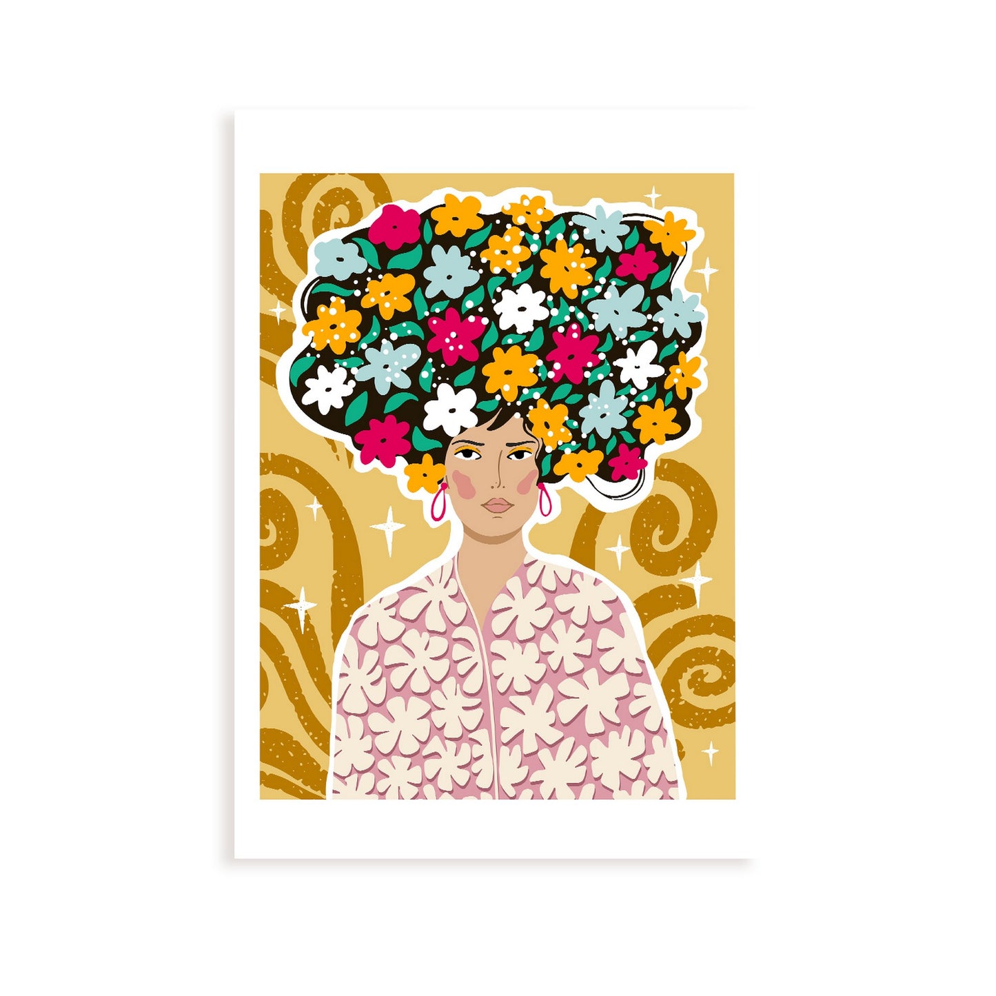 Lámina de Dama con pelo floral para diseño estético de hogar
